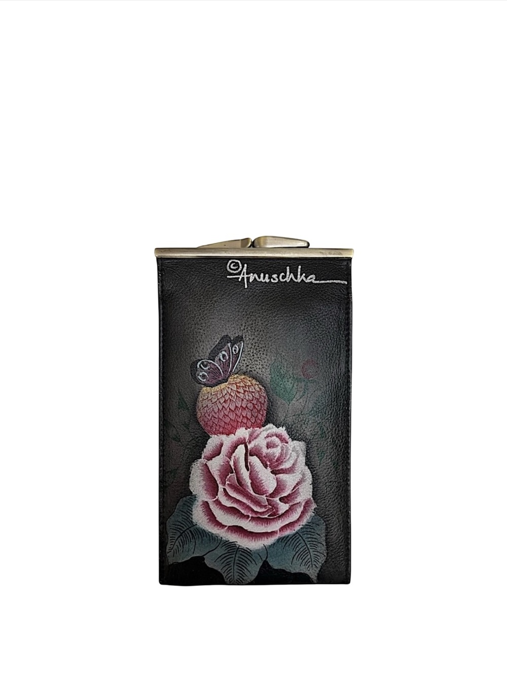 ANUSCHKA - BLACK GREEN PINK FLORAL BUTTERFLY KISS-LOCK PURSE